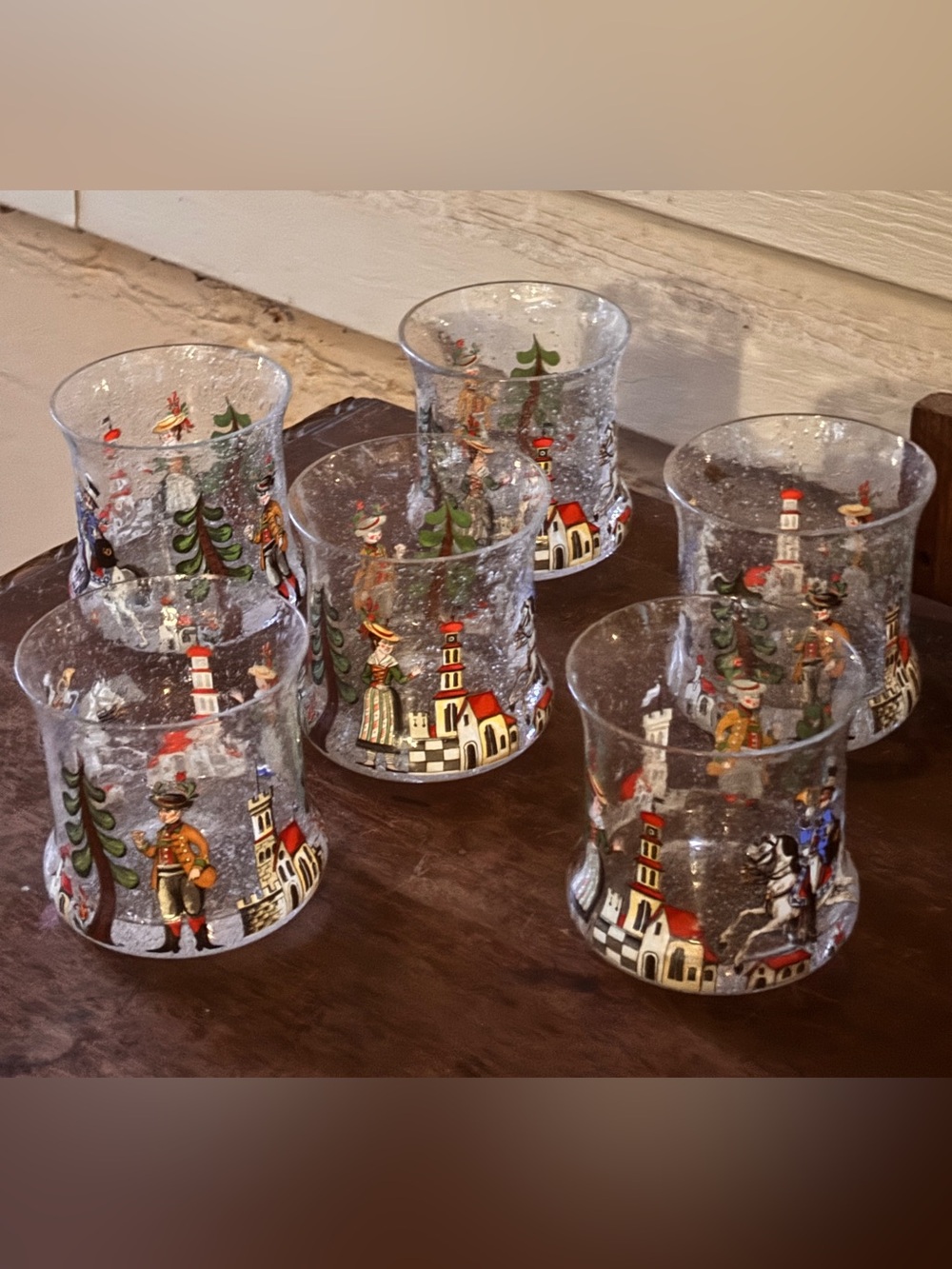 Vintage Hand-Painted Bavarian Alpine Folk Art Crackle Glass Tumblers – Set of 6
